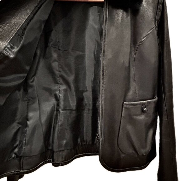 Calvin Klein Stylish Black Leather Jacket Short Coat Fur Collar Womens Small - Picture 9 of 14